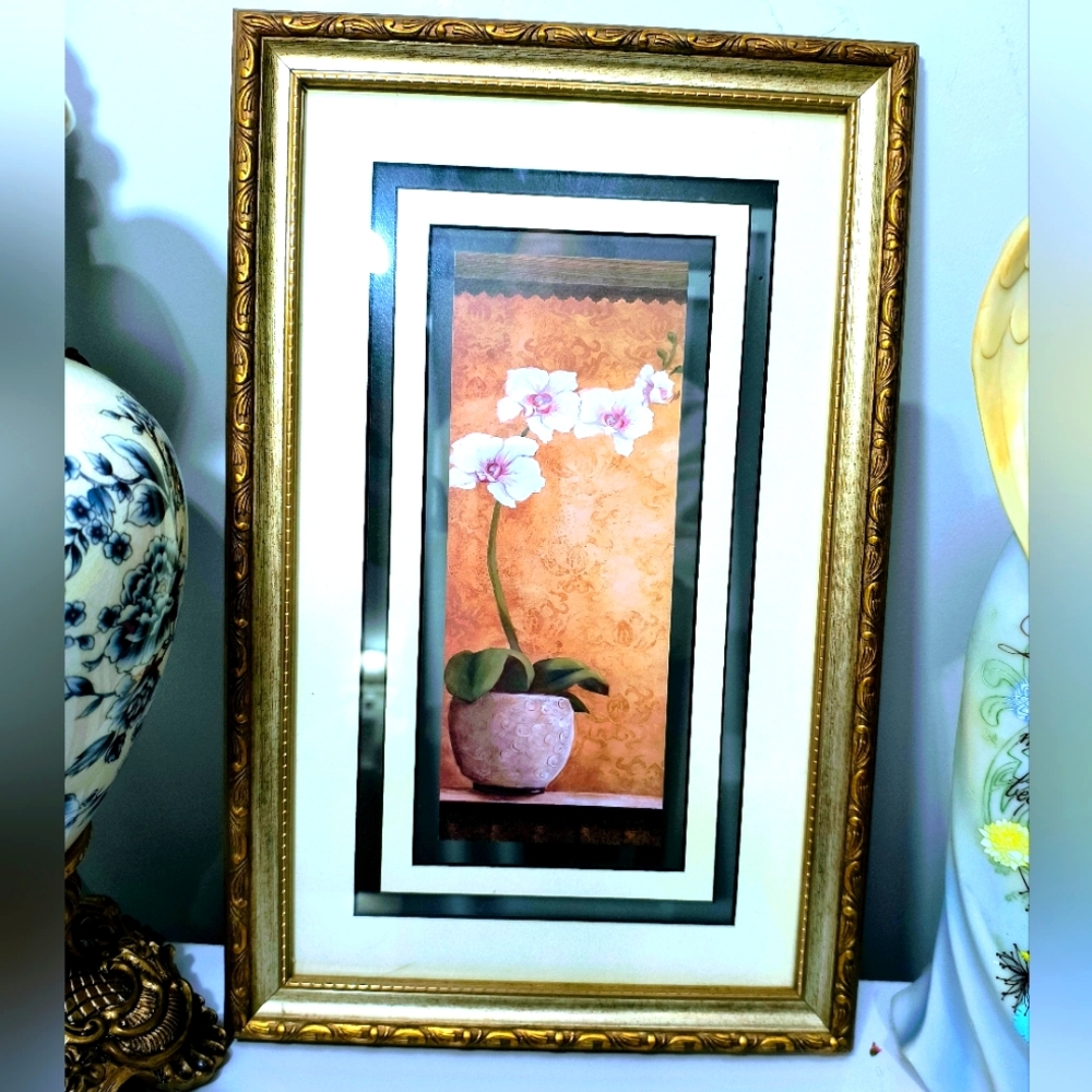 Framed Floral Art with Gold Trim